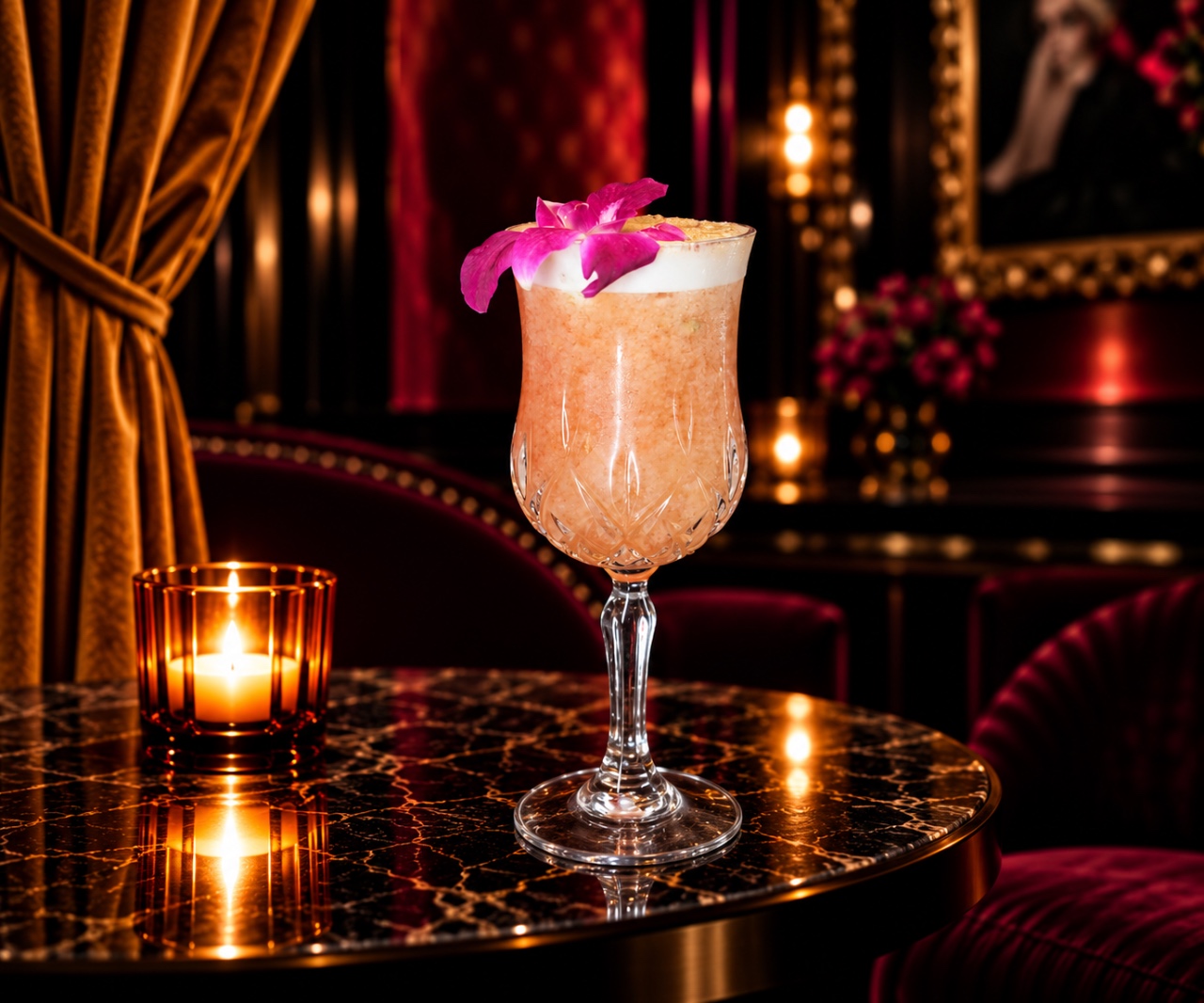 A Bad Rabbit cocktail, shot dark and close on marble.